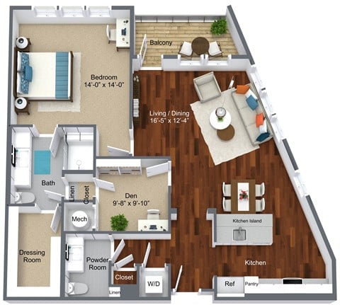 Floor plan for 2 beds, 1.5 baths, 1082 sqft